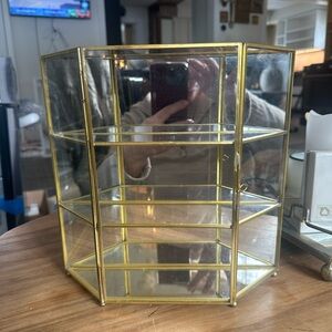 Vintage brass glass cabinet 9.5”H x 10” W x 4”D shelves are 2.5”D Thailand